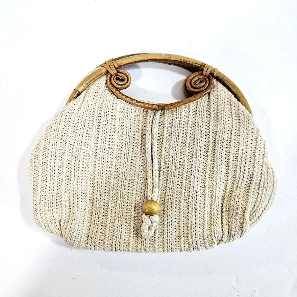 Vintage Hand Made '60s Cream Crochet Knit Boho Bamboo Handles Handbag Purse Bag
